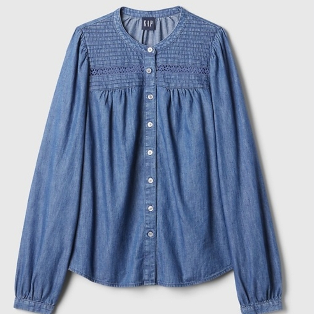 Gap Blue Denim Smocked Puff-Sleeve Top - Size L